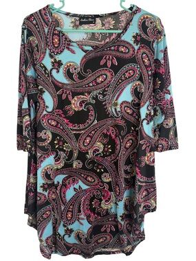 3/$20 Southern Charm Paisley 3/4 Sleeve Mini Dress in Black, Pink & Aqua